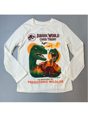 Jurassic World Shirt Long Sleeve Tee KIDS 7 Cream Green Orange Tag Free Dinosaur